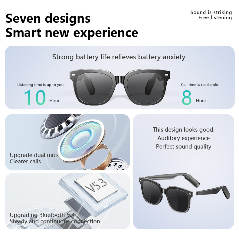 110mAh*2 Capacidade Bluetooth Óculos de Sol com Música 8-10 Horas Lente Brilhante Negro