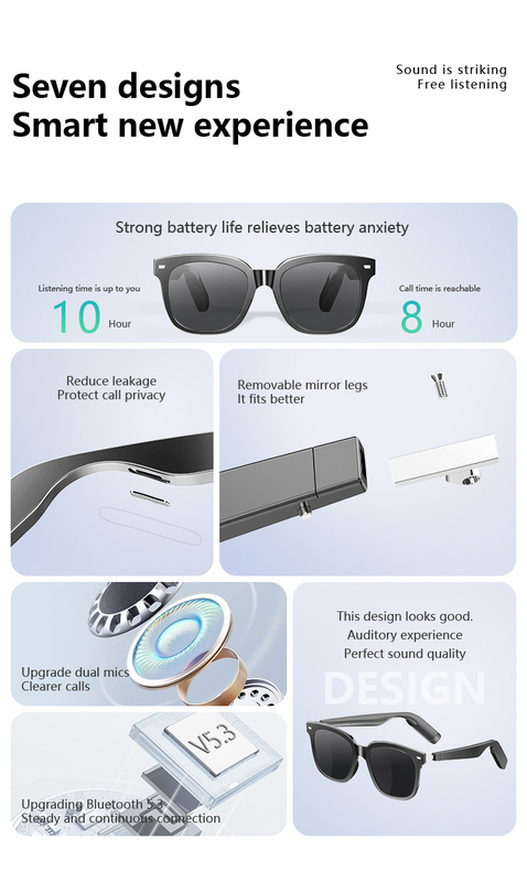 Tempo de música de 8 horas Ultralight BT 5.3 Bluetooth Smart Glasses With Call 110mAh*2 Capacidade