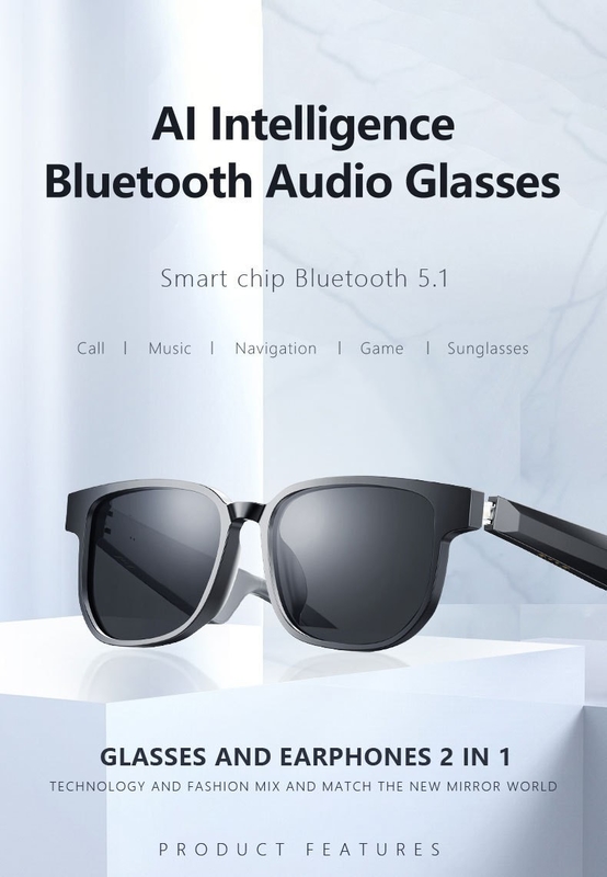 Óculos de sol Bluetooth preto com chamada Bluetooth 5.1 versão 90mAh 4-6 horas de tempo de música